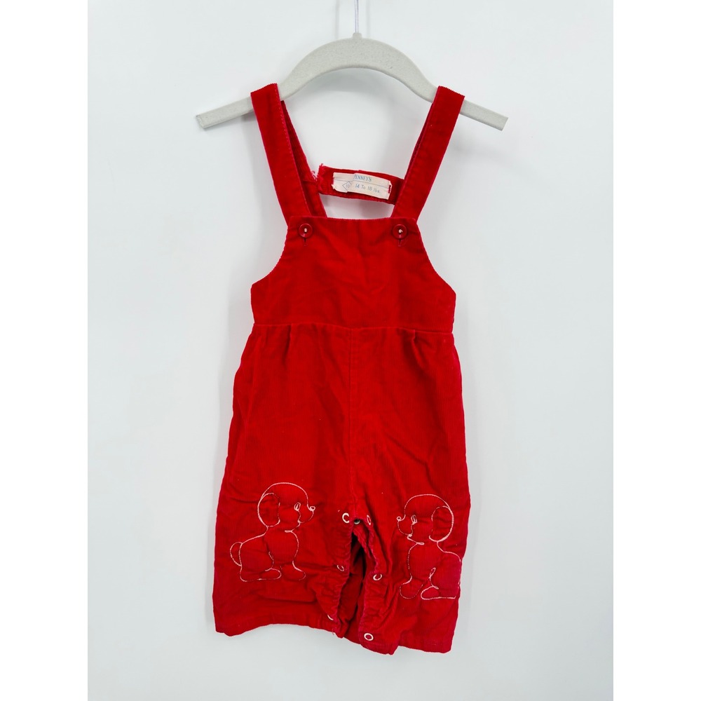 Penney's Vintage Corduroy Overalls baby sz 1/2 Red Puppy Embroidered Snap Crotch